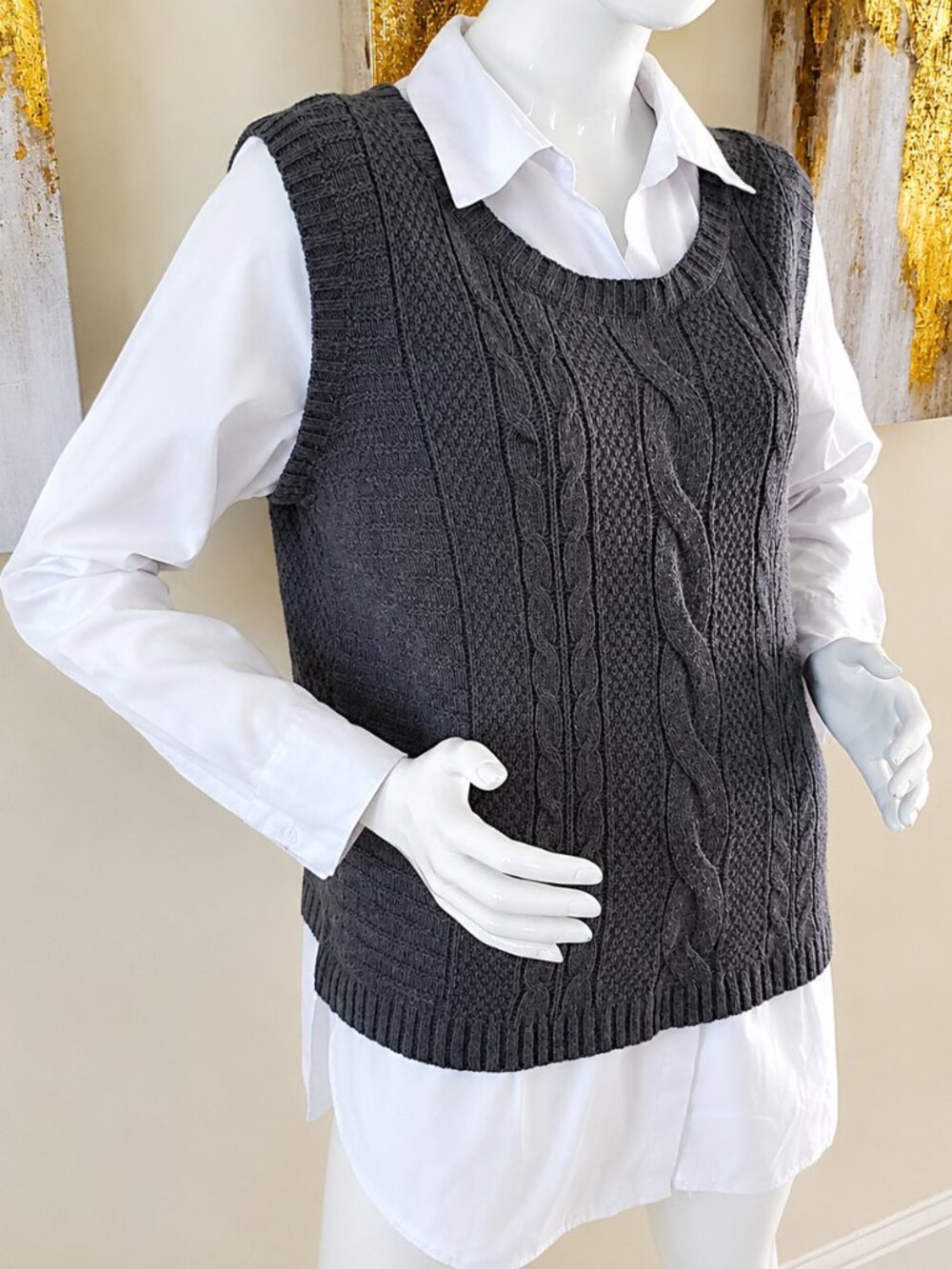 Faded Glory Gray Plus Twofer Sweater with Built-In Collared Shirt SZ L (12-14)